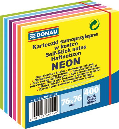 Öntapadó jegyzettömb, 76x76mm, 400 lap, DONAU, fehér és neon színek (D75740)