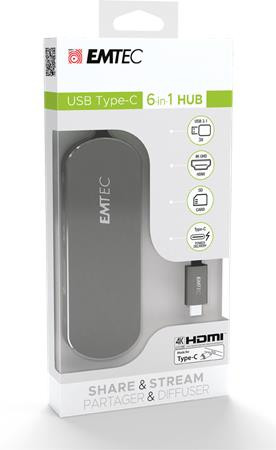 USB elosztó-HUB, USB-C/USB 3.1/HDMI/SD kártya, EMTEC T650C (EHUB650C)