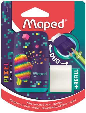 Hegyező és radír, kétlyukú, tartályos, pótradírral, MAPED Pixel Party Connect (IMA049222)