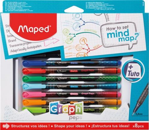 Tűfilc készlet, 0,4 mm, MAPED Graph'Peps - How to Mind Map Box, 8 különböző szín (IMA897553)