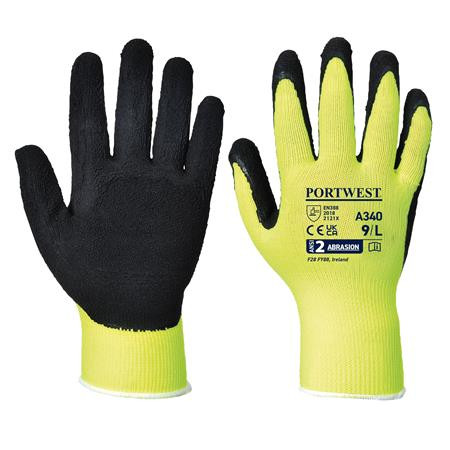 Védőkesztyű, nylon, latexhab, tenyerén mártott, L méret Hi-Vis Grip, sárga (MED261)