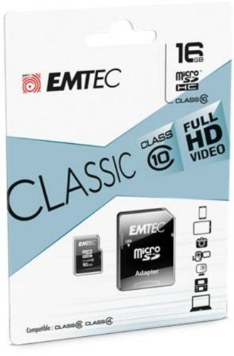 Memóriakártya, microSDHC, 16GB, CL10, 20/12 MB/s, adapter, EMTEC Classic (MEMSD16GC)