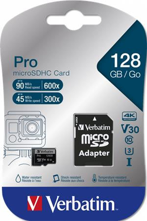 Memóriakártya, microSDXC, 128GB, CL10/U3, 90/45 MB/s, adapter, VERBATIM PRO (MVMS128GP)