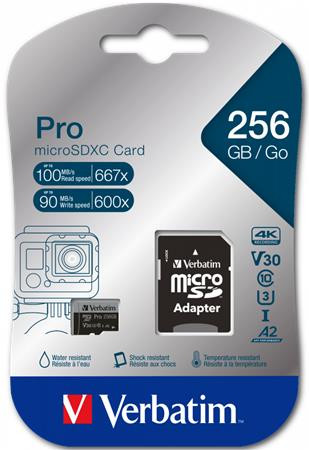 Memóriakártya, microSDXC, 256GB, CL10/U3/A2, 100/90 MB/s, adapter, VERBATIM PRO (MVMS256GP)