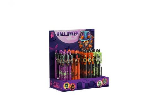 Golyóstoll display, 0,8 mm, nyomógombos, mintás tolltest, Halloween, kék, 48 darabos (TICHW48)