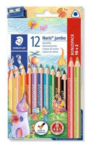 Színes ceruza készlet, háromszögletű, vastag, hegyezővel, STAEDTLER Noris® Jumbo 128, 10+2 különböző szín (TS128NC12P1)