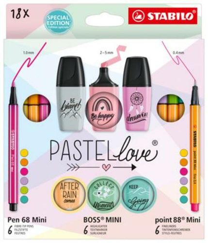 Írószer szett, STABILO, Mini World Pastellove, 18 különböző szín (TST77585)