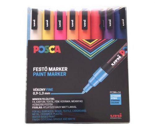 Dekormarker készlet, 0,9-1,3 mm, UNI Posca PC-3M, 16 különböző szín (TUPC3M16DB)