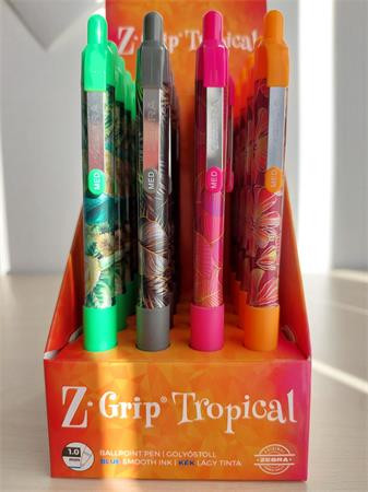 Golyóstoll display, 0,27 mm, nyomógombos, ZEBRA Z-Grip Tropical, kék, 4 különböző minta (TZ89621)