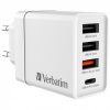 Hálózati töltő, 1xUSB-C PD (20W), USB-A QC 3.0, 2xUSB-A (10W), VERBATIM, fehér (VT49701)